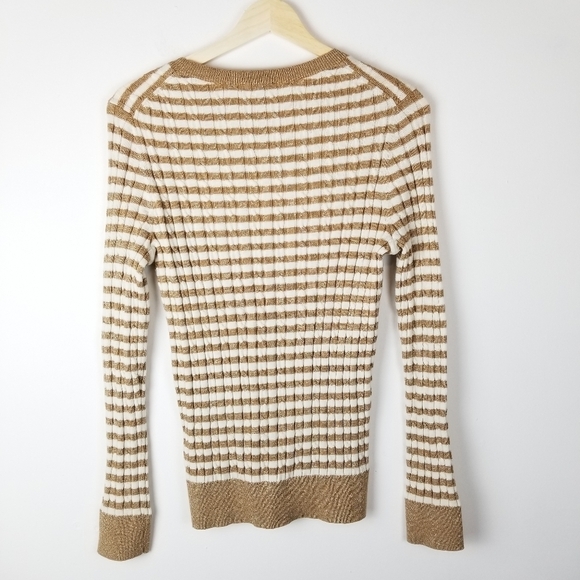 Talbots S Petite Ivory, Tan & Gold Cableknit Crewneck sweater Long sleeve - Picture 2 of 7